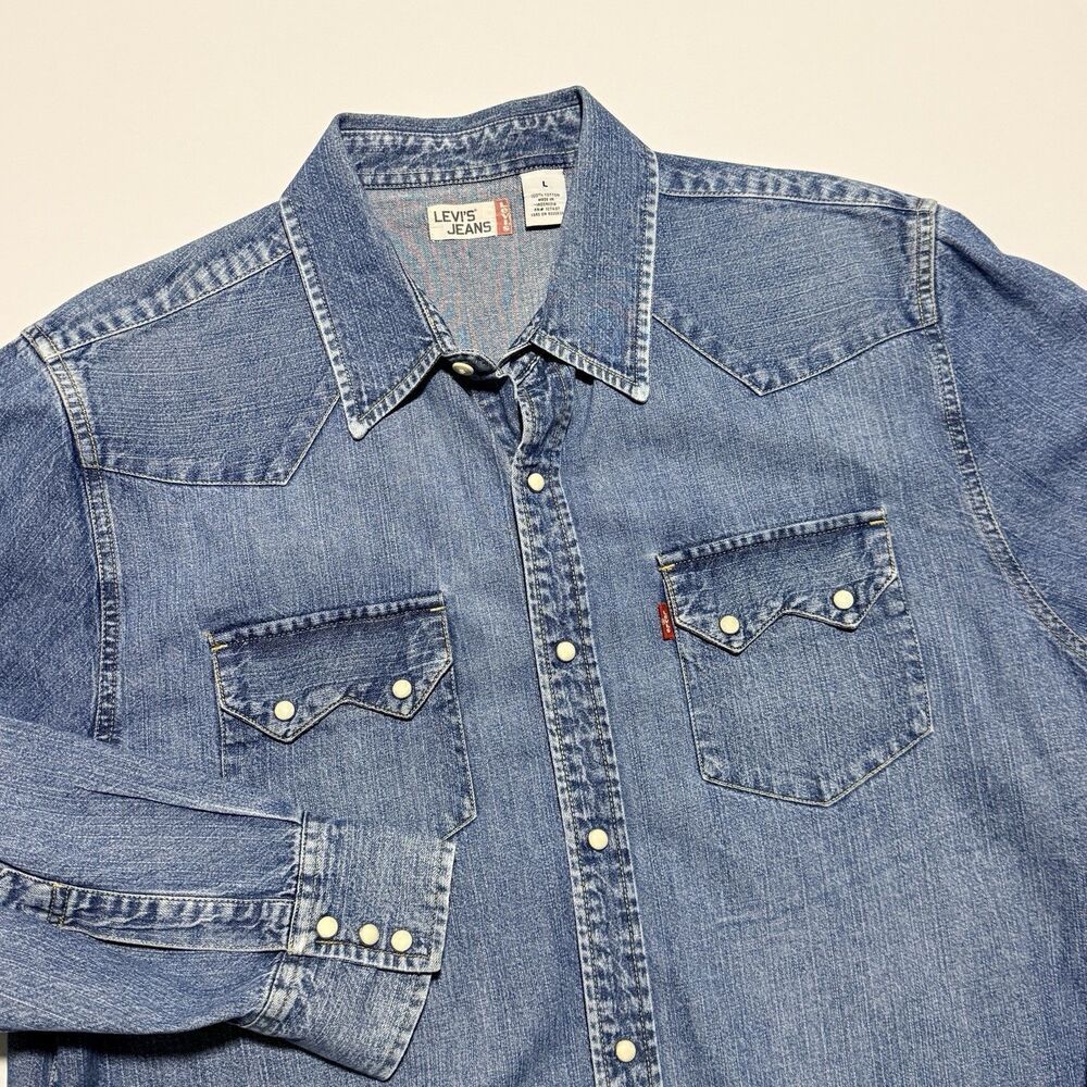 Levis Denim Shirt Adult Large Blue Snap Sawtooth Red Tab Western Cowboy Mens